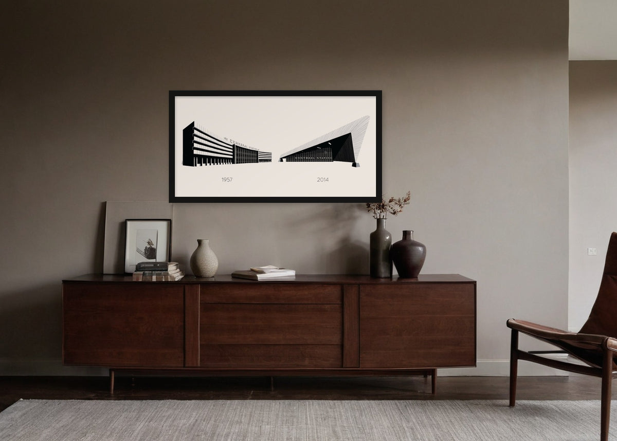 Poster Rotterdam Centraal Station Oud en Nieuw ingelijst aan de muur in een woonkamer
