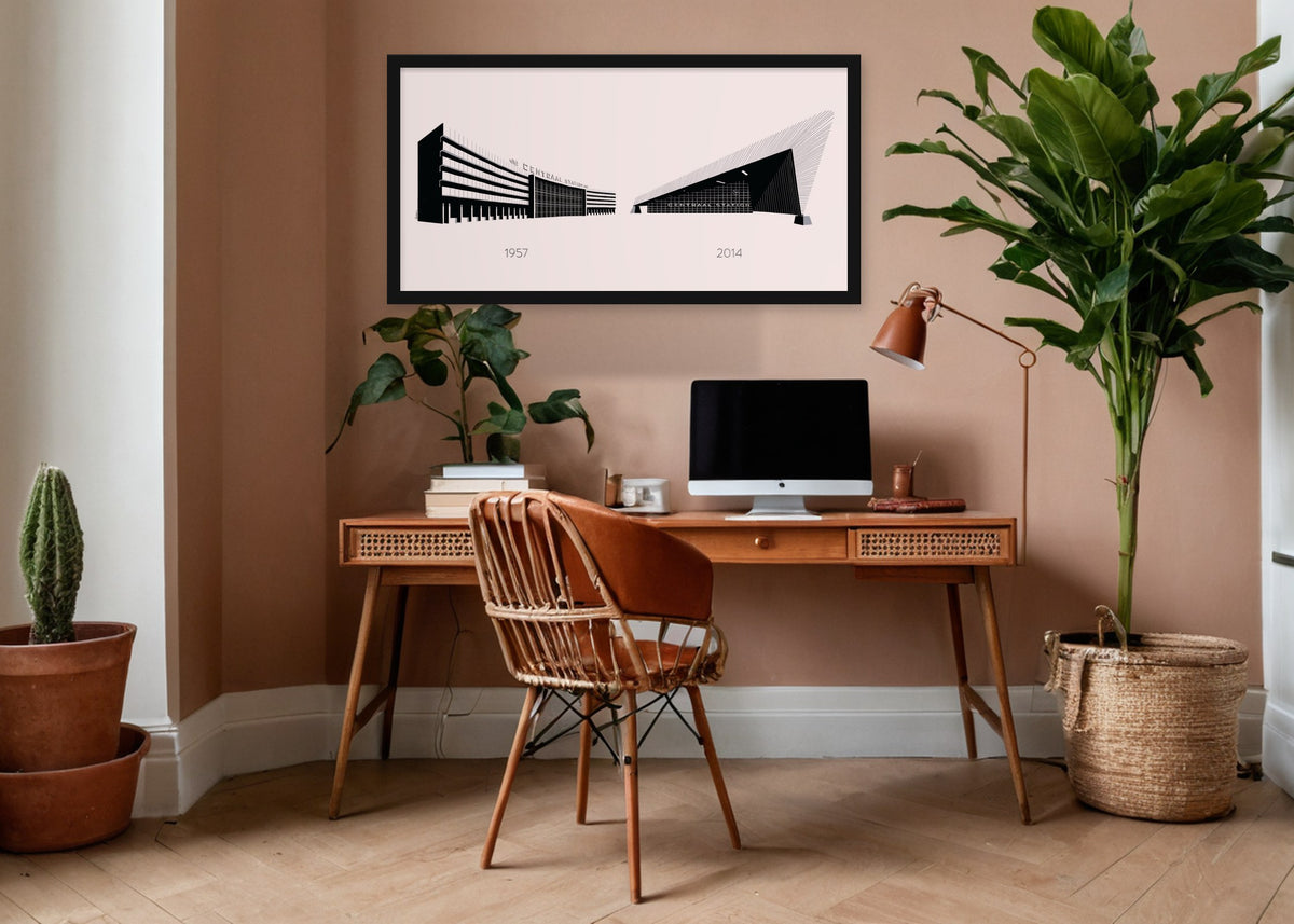 Poster Rotterdam Centraal Station Oud en Nieuw ingelijst aan de muur in een kantoor
