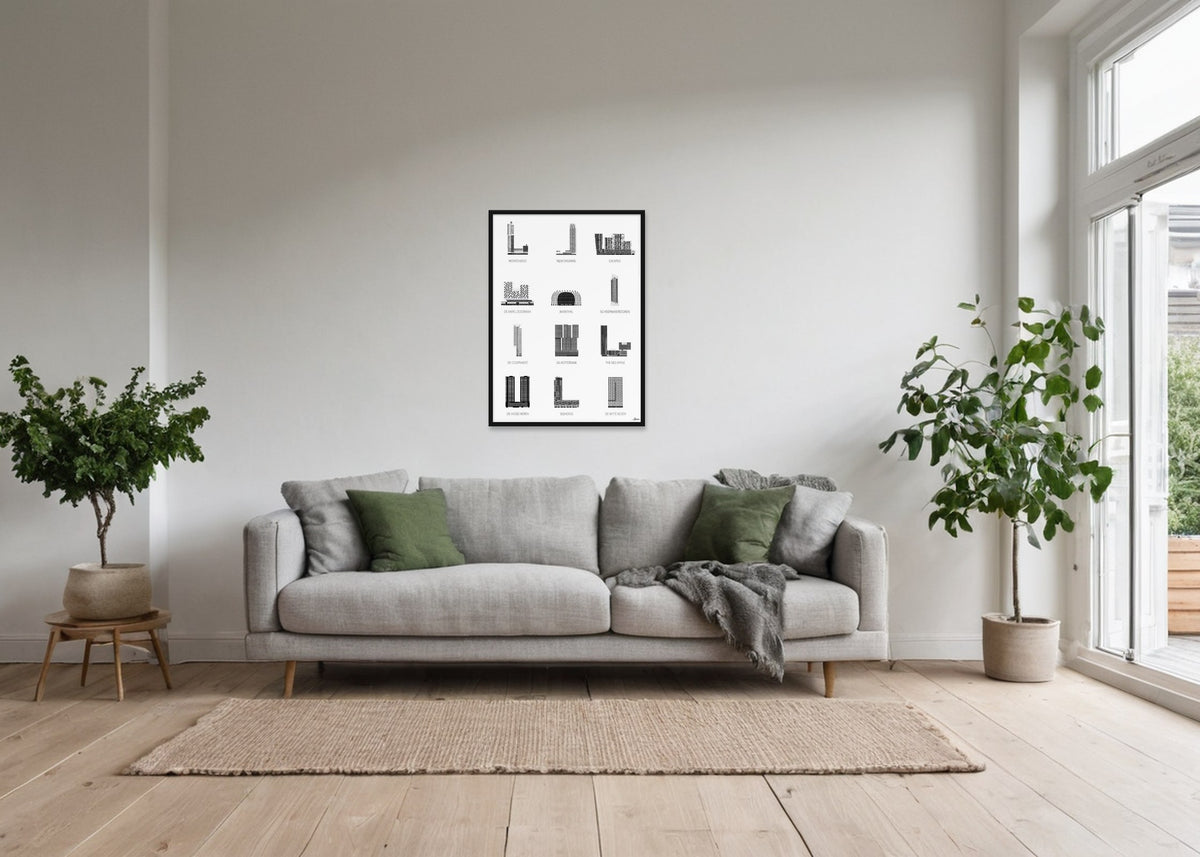 Poster Hoogbouw Rotterdam ingelijst aan de muur in een woonkamer