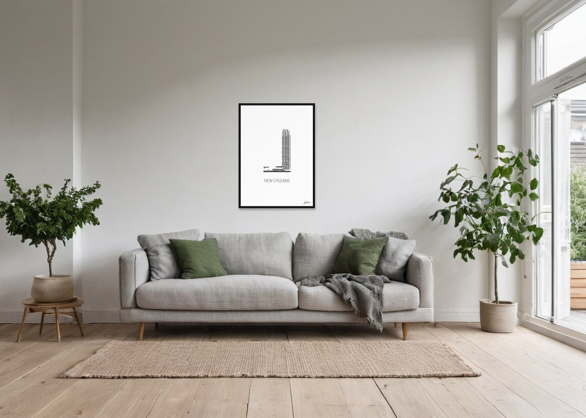 Poster New Orleans Woontoren Rotterdam ingelijst aan de muur in een woonkamer