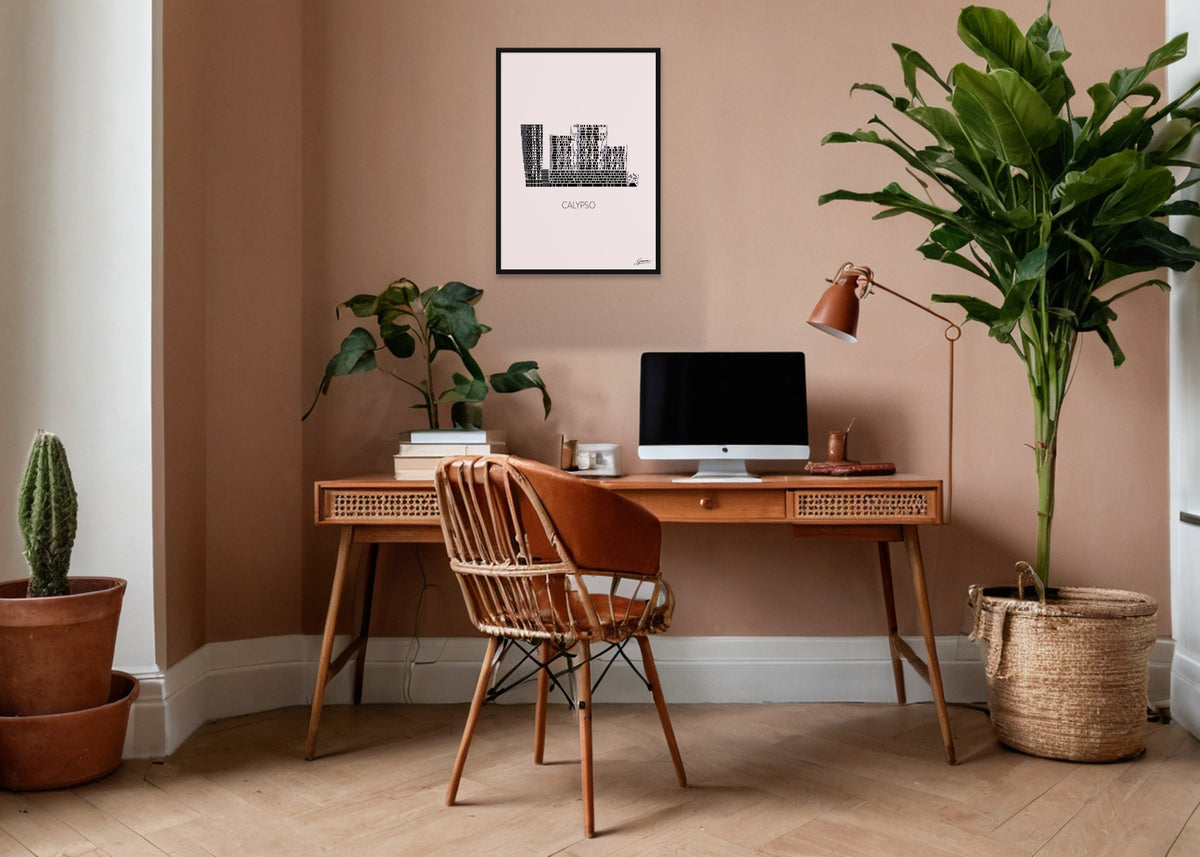 Poster Calypso Rotterdam ingelijst aan de muur in een kantoor