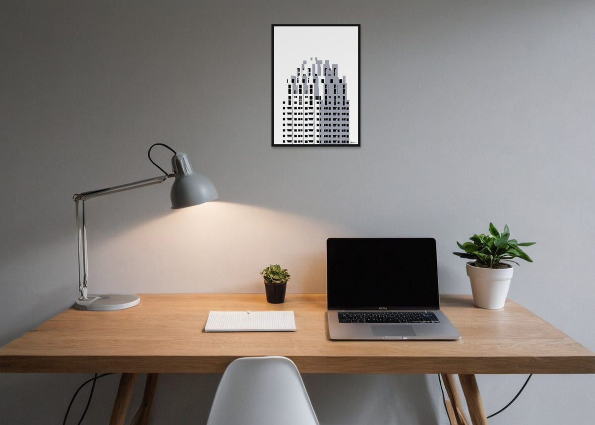 Poster New Orleans Rotterdam ingelijst aan de muur in een kantoor