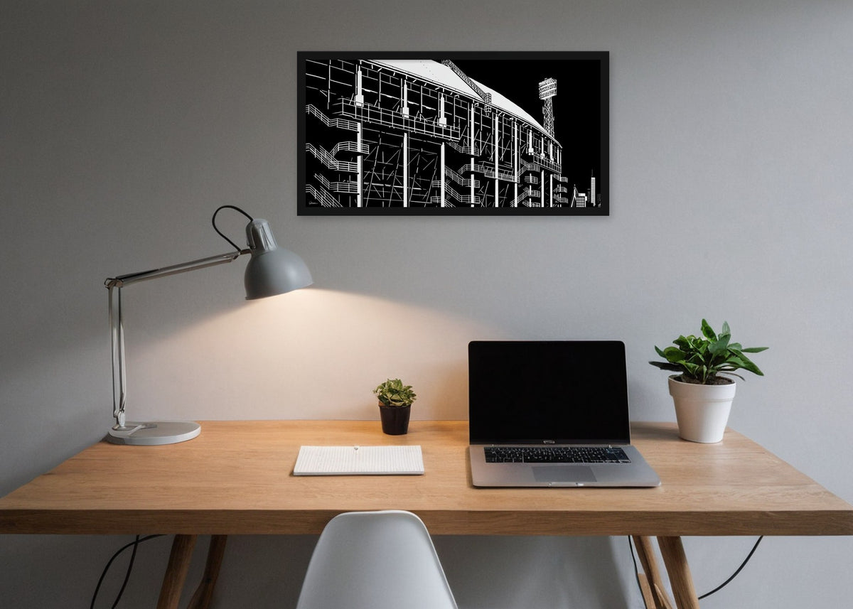 Poster De Kuip Feyenoordstadion ingelijst aan de muur in een kantoor