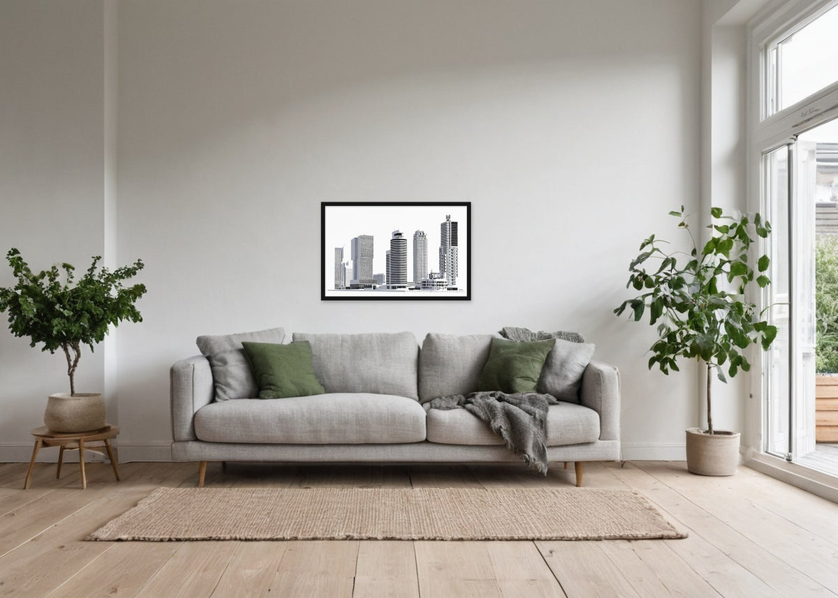 Poster Hoogbouw Wilhelminapier Rotterdam ingelijst aan de muur in een woonkamer