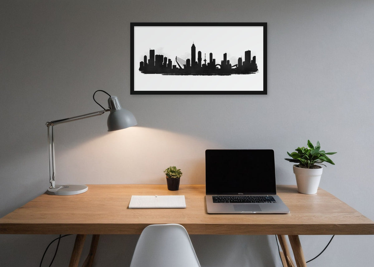 Poster Skyline Rotterdam Silhouette ingelijst aan de muur in een kantoor