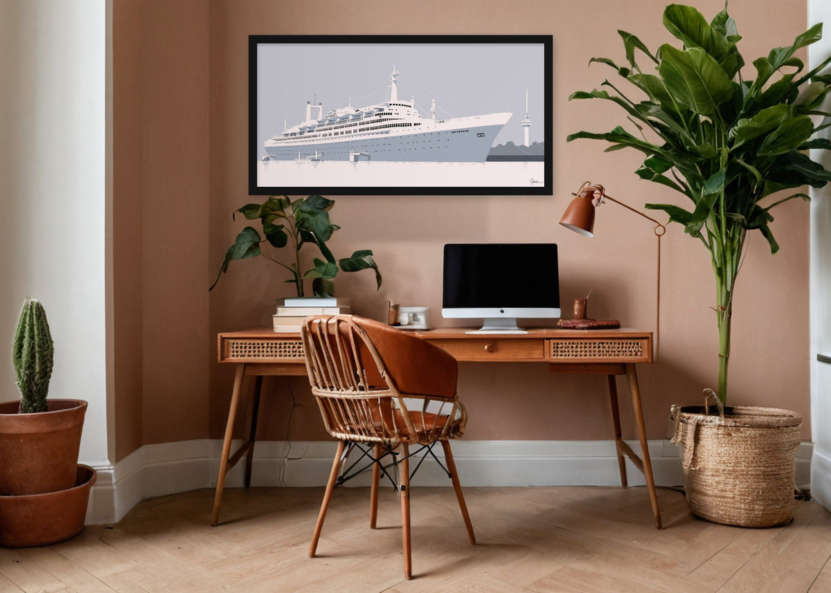 Poster SS Rotterdam ingelijst aan de muur in een kantoor