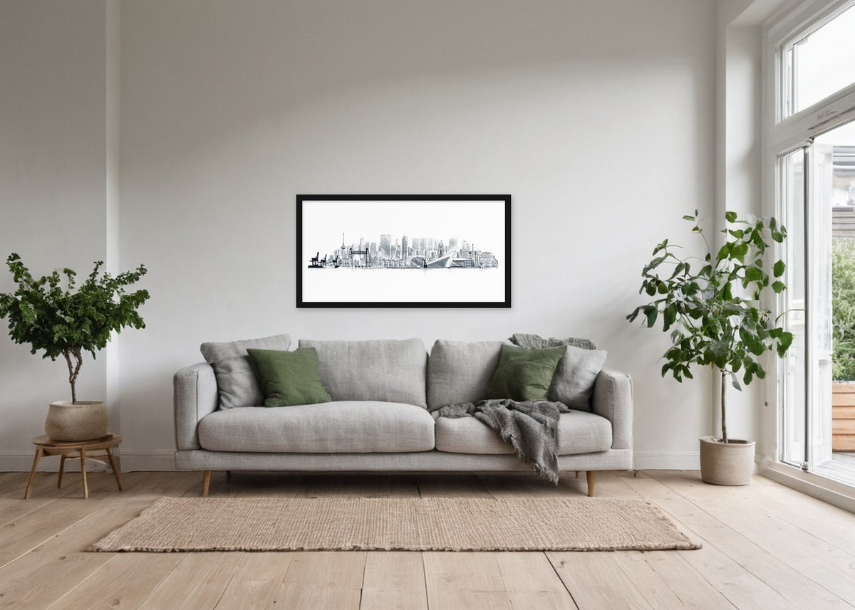Poster Rotterdam Skyline Compilatie ingelijst aan de muur in een woonkamer