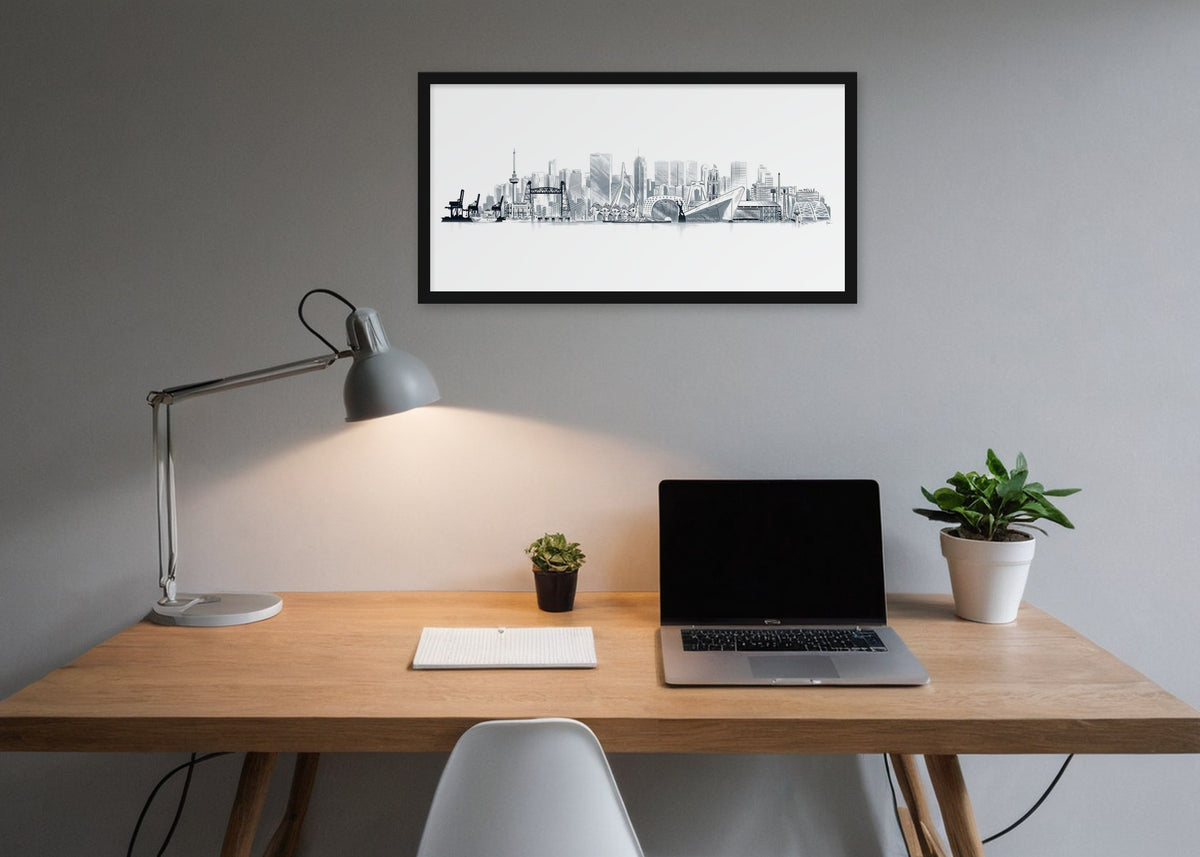 Poster Rotterdam Skyline Compilatie ingelijst aan de muur in een kantoor