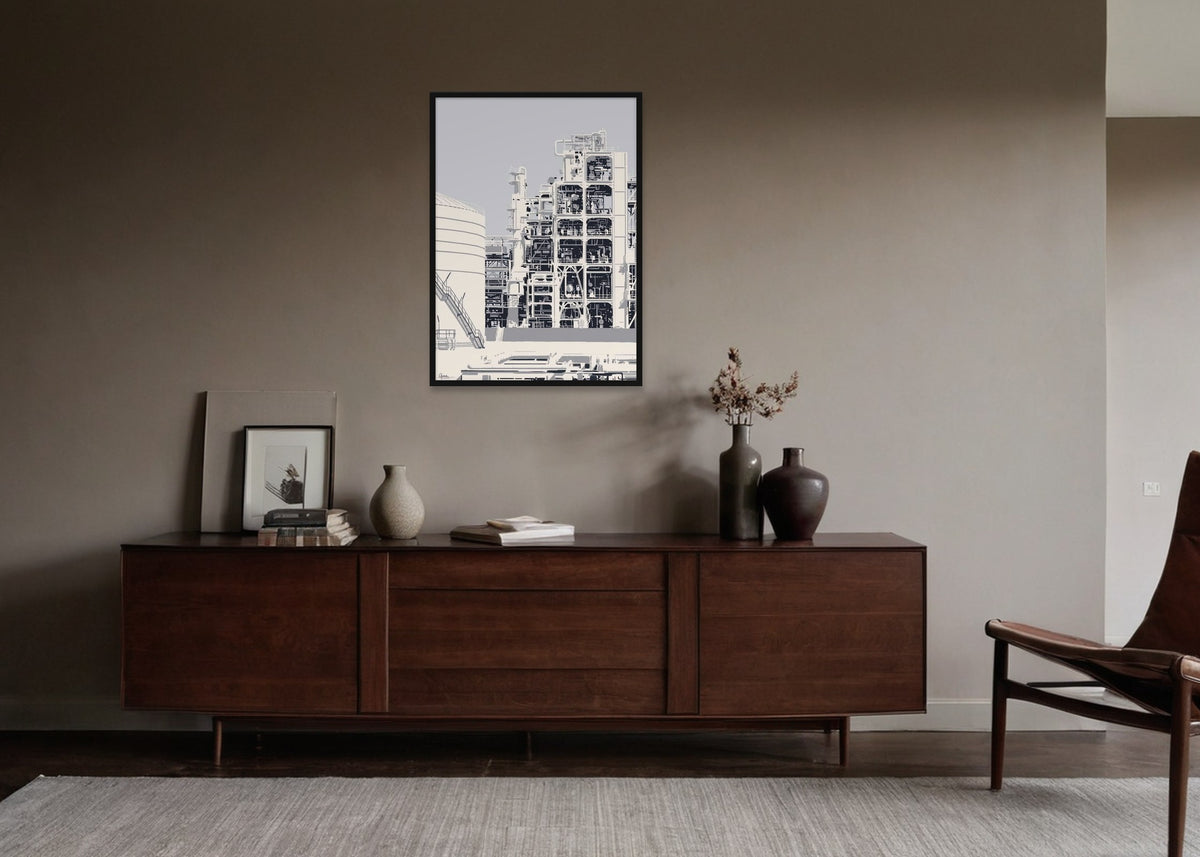 Poster Raffinaderij 3 Rotterdam ingelijst aan de muur in een woonkamer