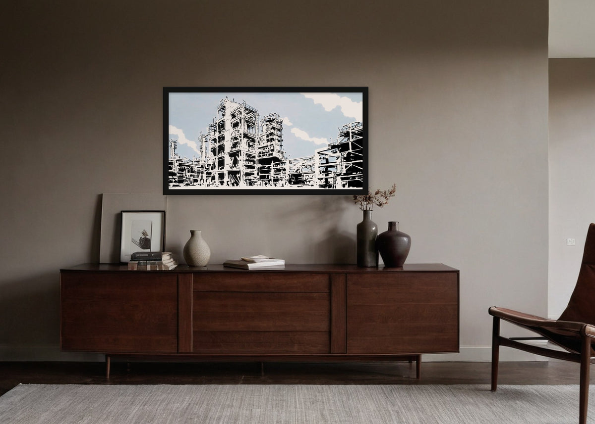 Poster Raffinaderij 4 Rotterdam ingelijst aan de muur in een woonkamer
