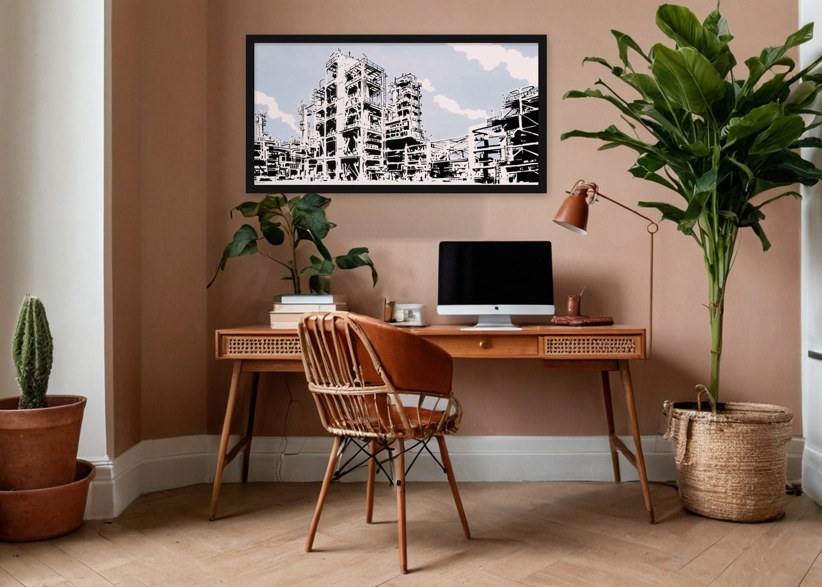 Poster Raffinaderij 4 Rotterdam ingelijst aan de muur in een kantoor