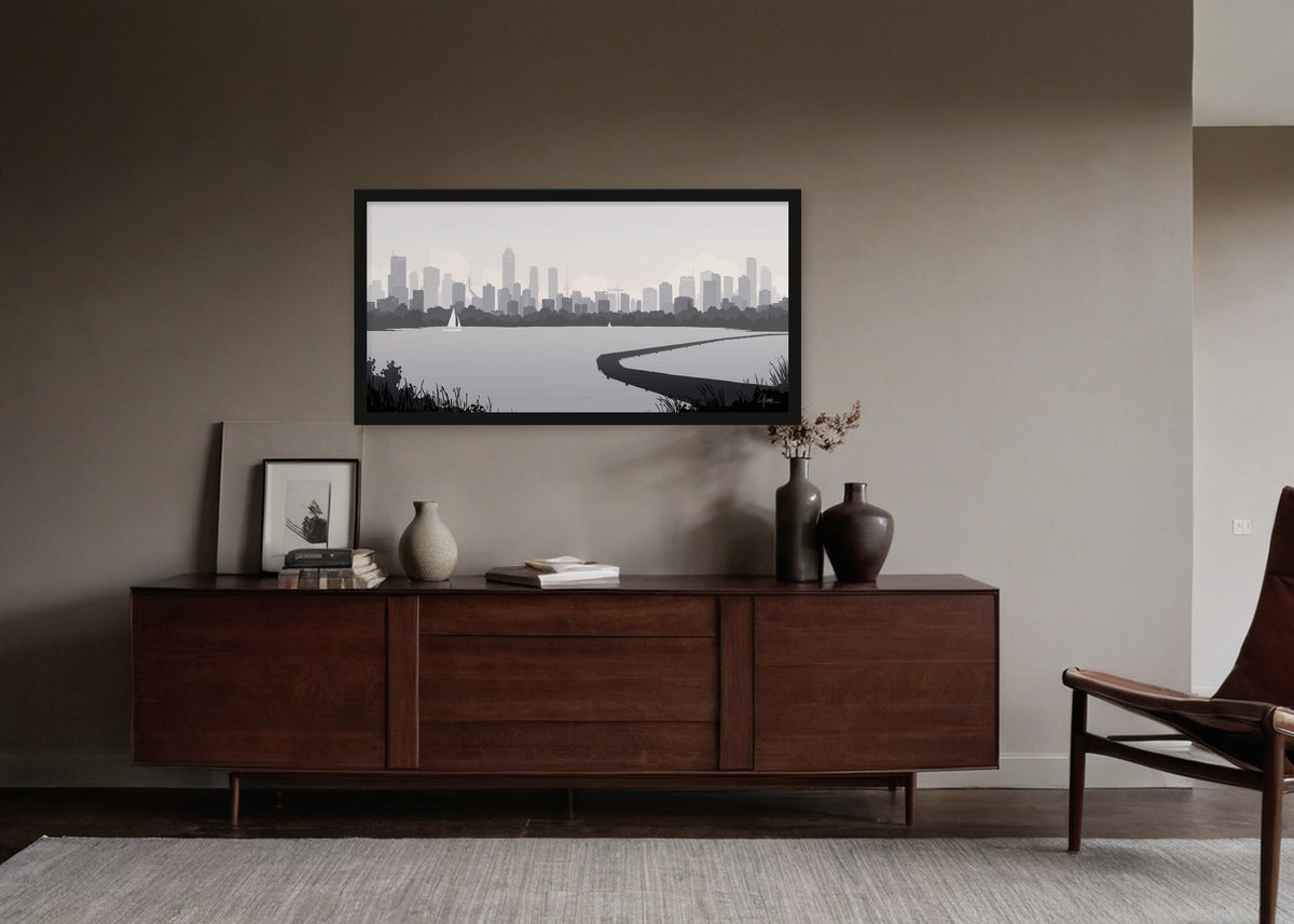 Poster Skyline Rotterdam vanaf Kralingse Plas 2 ingelijst aan de muur in een woonkamer