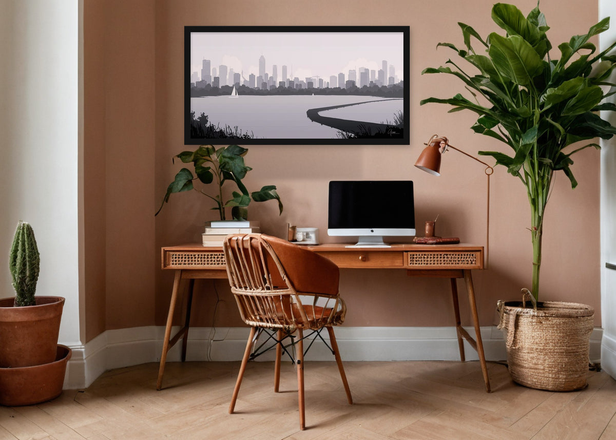 Poster Skyline Rotterdam vanaf Kralingse Plas 2 ingelijst aan de muur in een kantoor