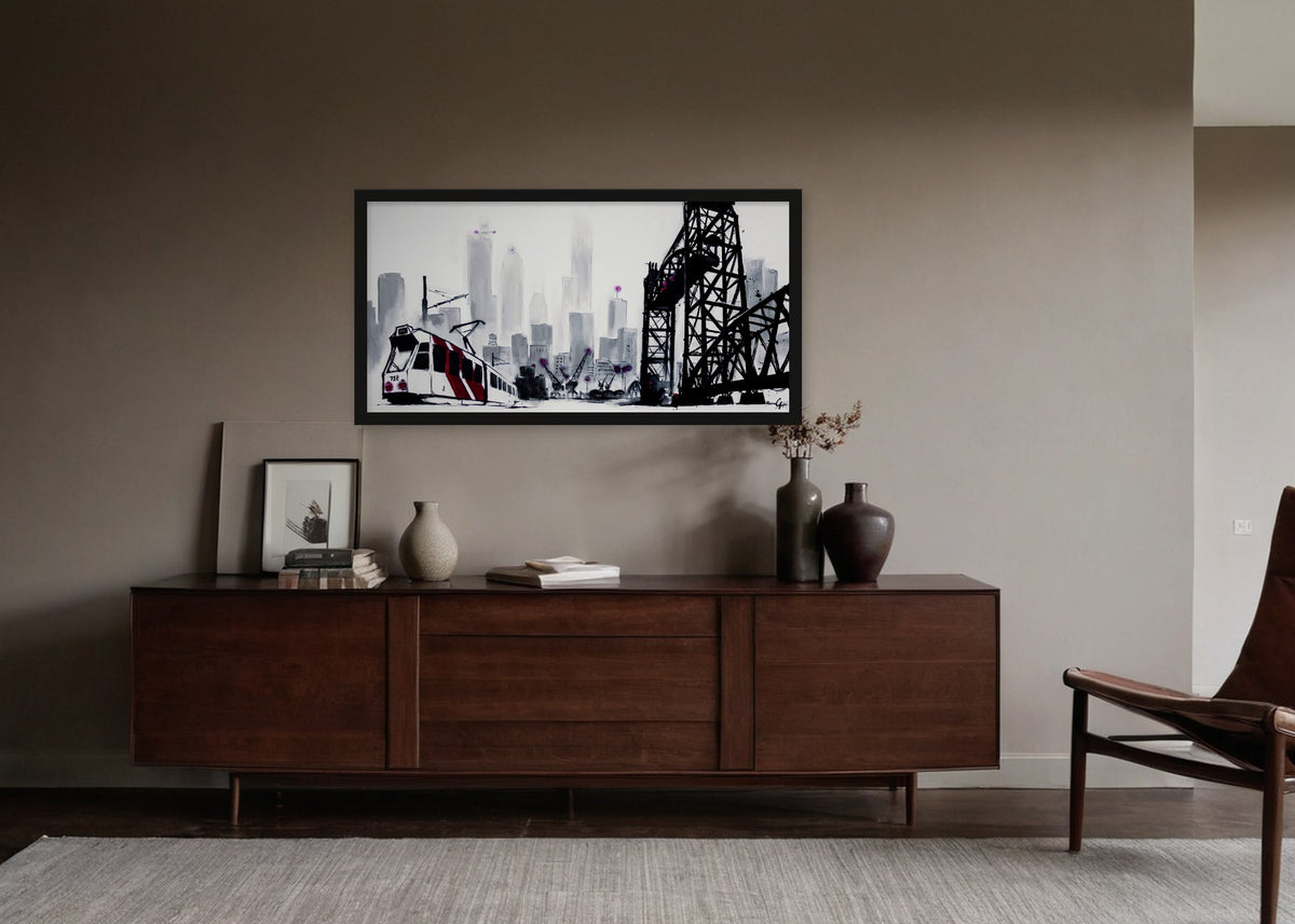 Poster De Hef Rotterdam ingelijst aan de muur in een woonkamer