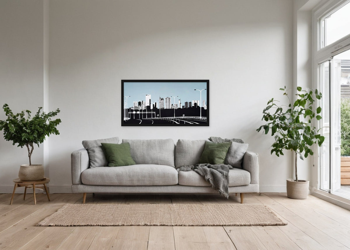 Poster Skyline Rotterdam vanaf Kleinpolderplein ingelijst aan de muur in een woonkamer