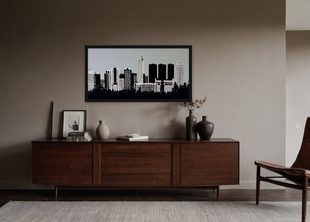 Poster Skyline Rotterdam vanaf Rotterdam Airport ingelijst aan de muur in een woonkamer