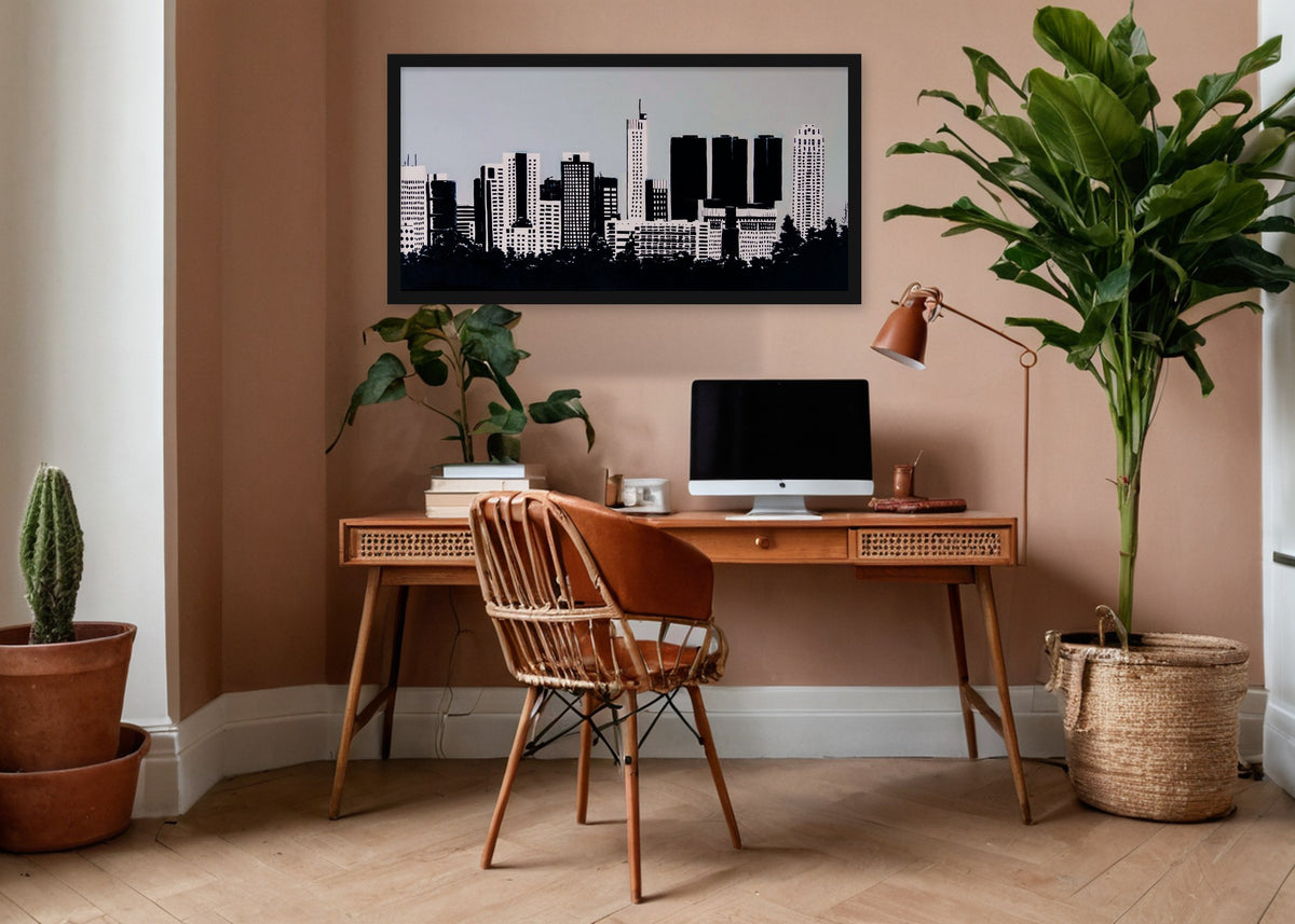 Poster Skyline Rotterdam vanaf Rotterdam Airport ingelijst aan de muur in een kantoor