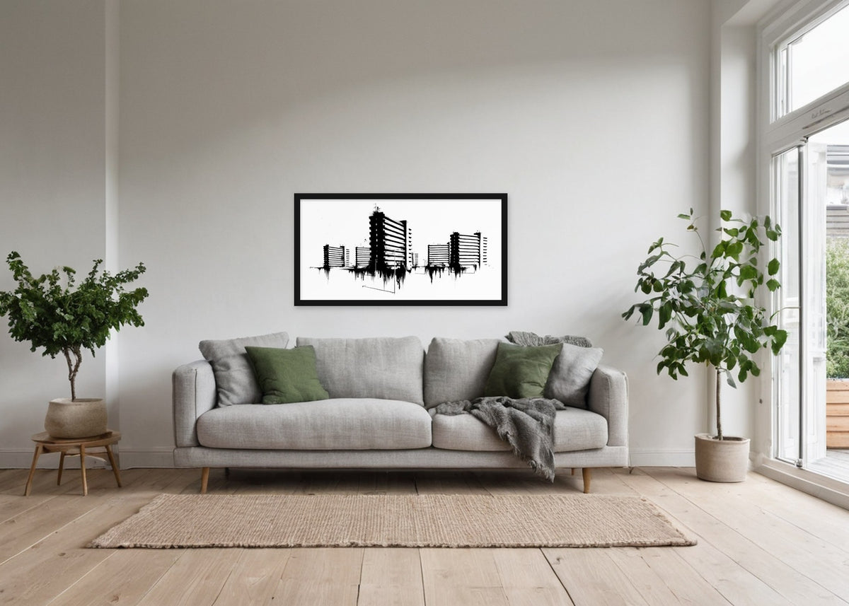 Poster Galerijflats Rotterdam ingelijst aan de muur in een woonkamer