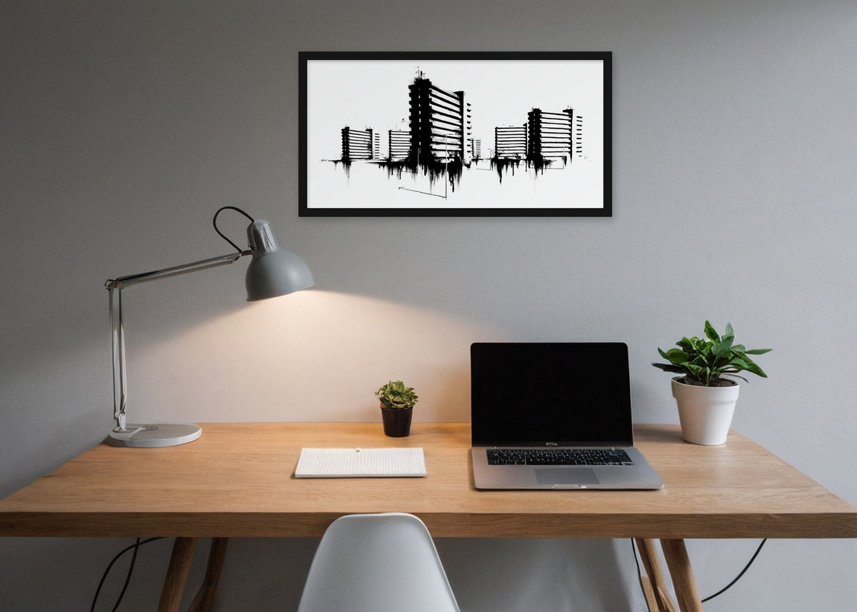 Poster Galerijflats Rotterdam ingelijst aan de muur in een kantoor