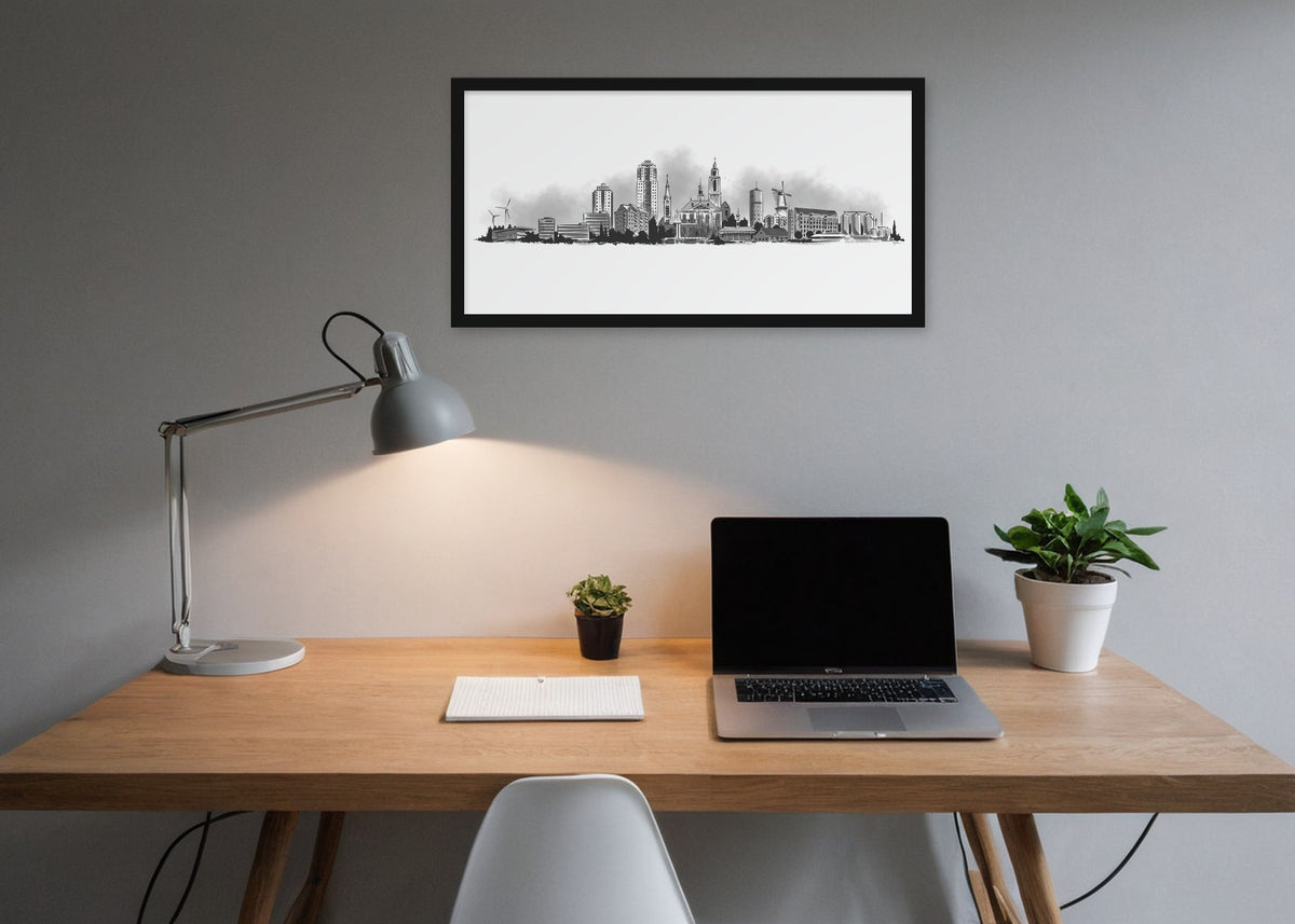 Poster Skyline Vlaardingen ingelijst aan de muur in een kantoor