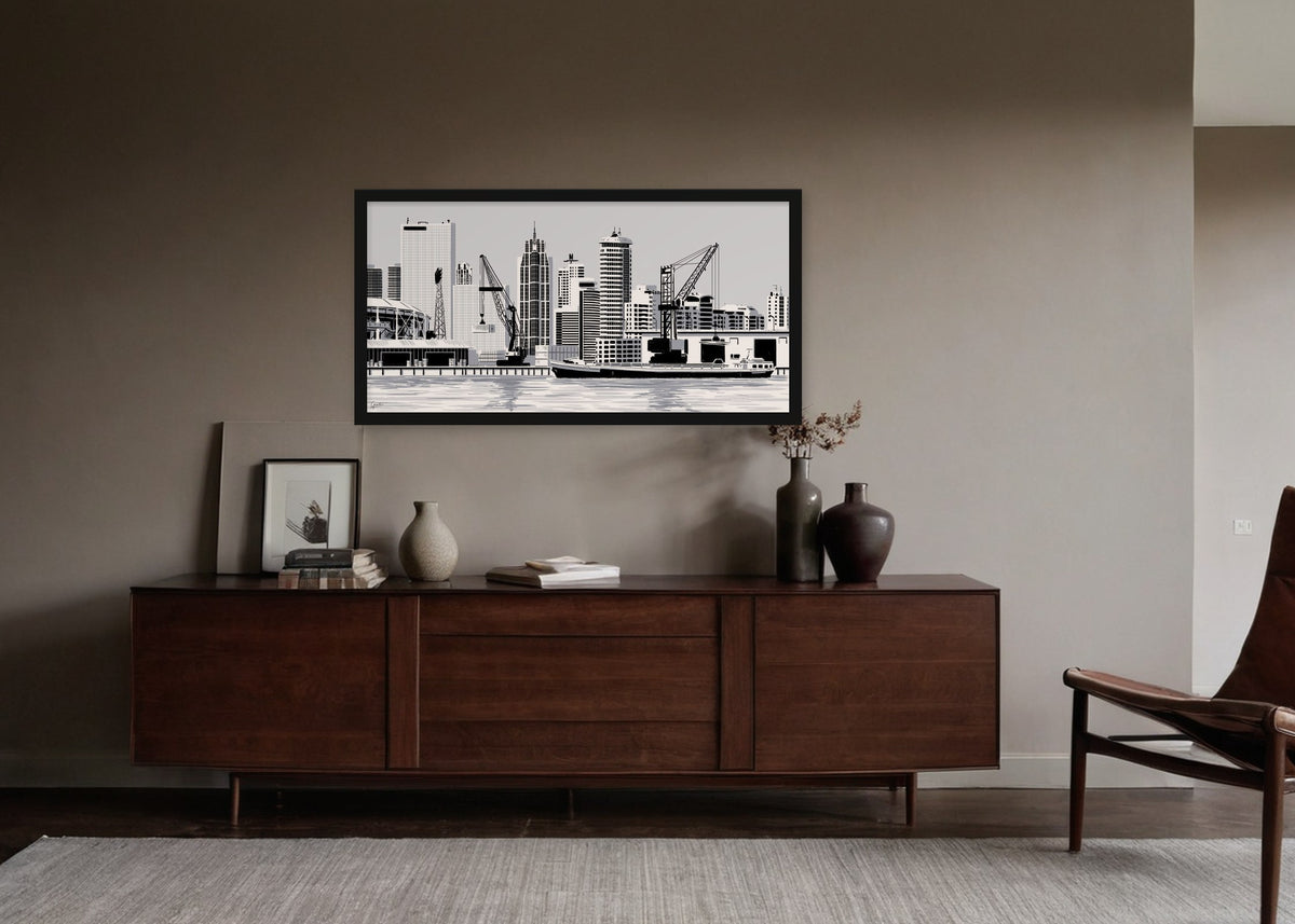 Poster Rotterdam Havenstad ingelijst aan de muur in een woonkamer