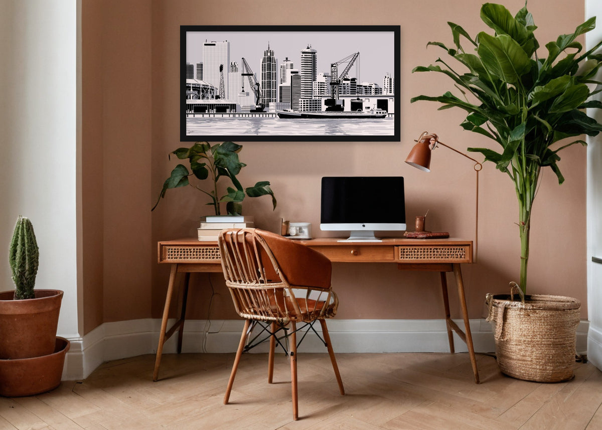 Poster Rotterdam Havenstad ingelijst aan de muur in een kantoor