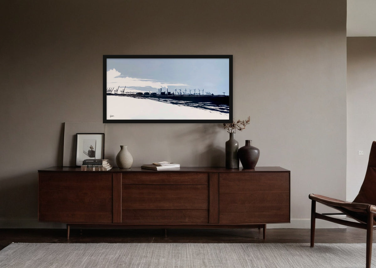 Poster Maasvlakte vanaf Hoek van Holland Rotterdam ingelijst aan de muur in een woonkamer