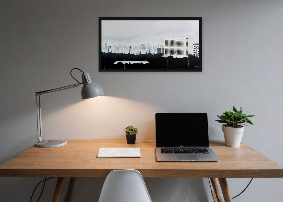 Poster Erasmus Universiteit Rotterdam ingelijst aan de muur in een kantoor