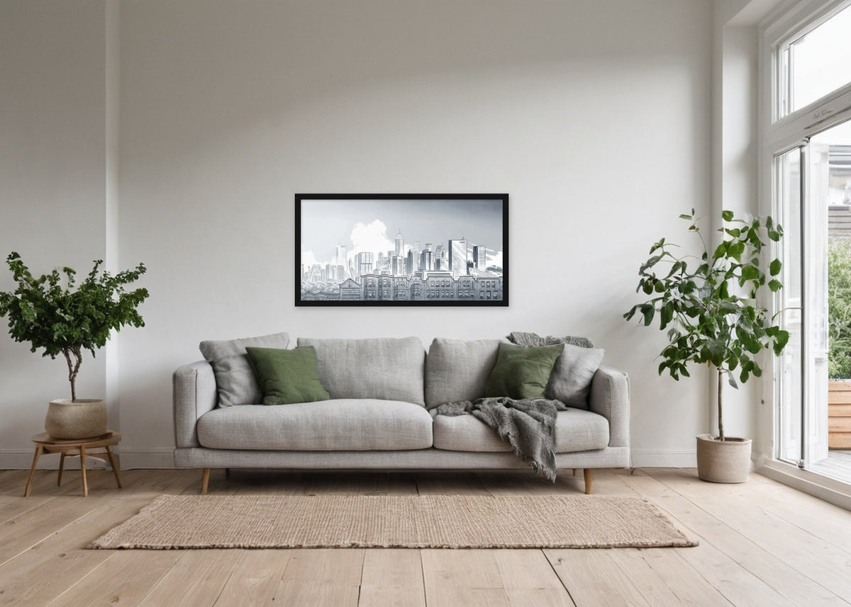 Poster Skyline Rotterdam Crooswijk ingelijst aan de muur in een woonkamer