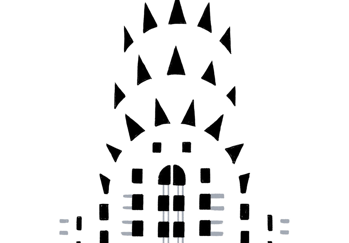 Detail van de handgetekende Chrysler Building poster: de bogen en driehoekige ramen van de kroon