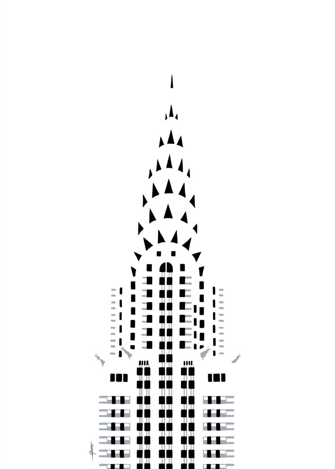 Chrysler Building New York poster dag, handgetekende art deco tekening in zwarte lijnen op een witte achtergrond