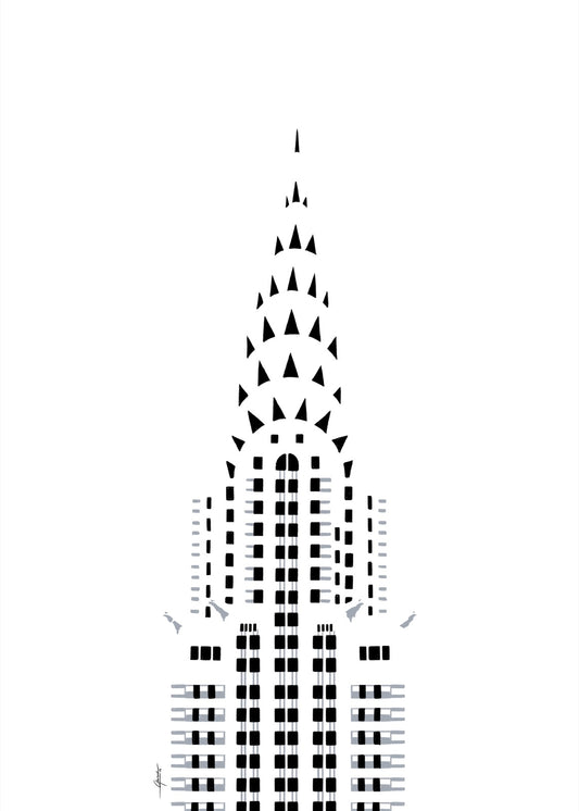 Chrysler Building New York poster dag, handgetekende art deco tekening in zwarte lijnen op een witte achtergrond