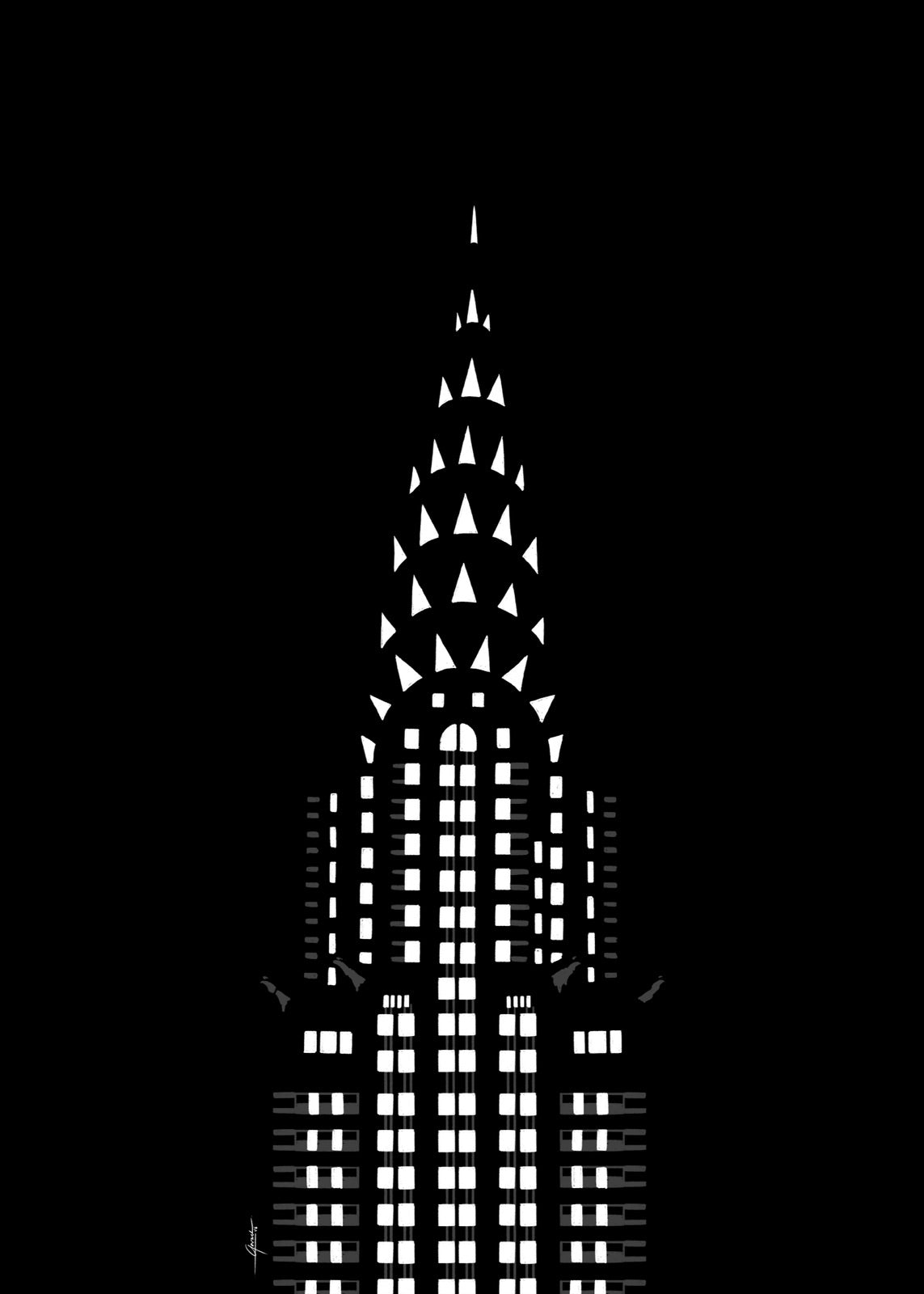 Chrysler Building New York poster nacht, handgetekende art deco tekening in witte lijnen op een zwarte achtergrond