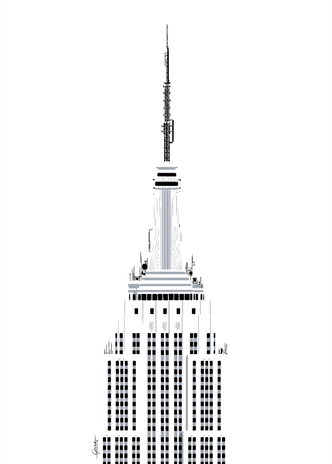 Empire State Building New York poster dag, handgetekende art deco tekening in zwarte lijnen op een witte achtergrond