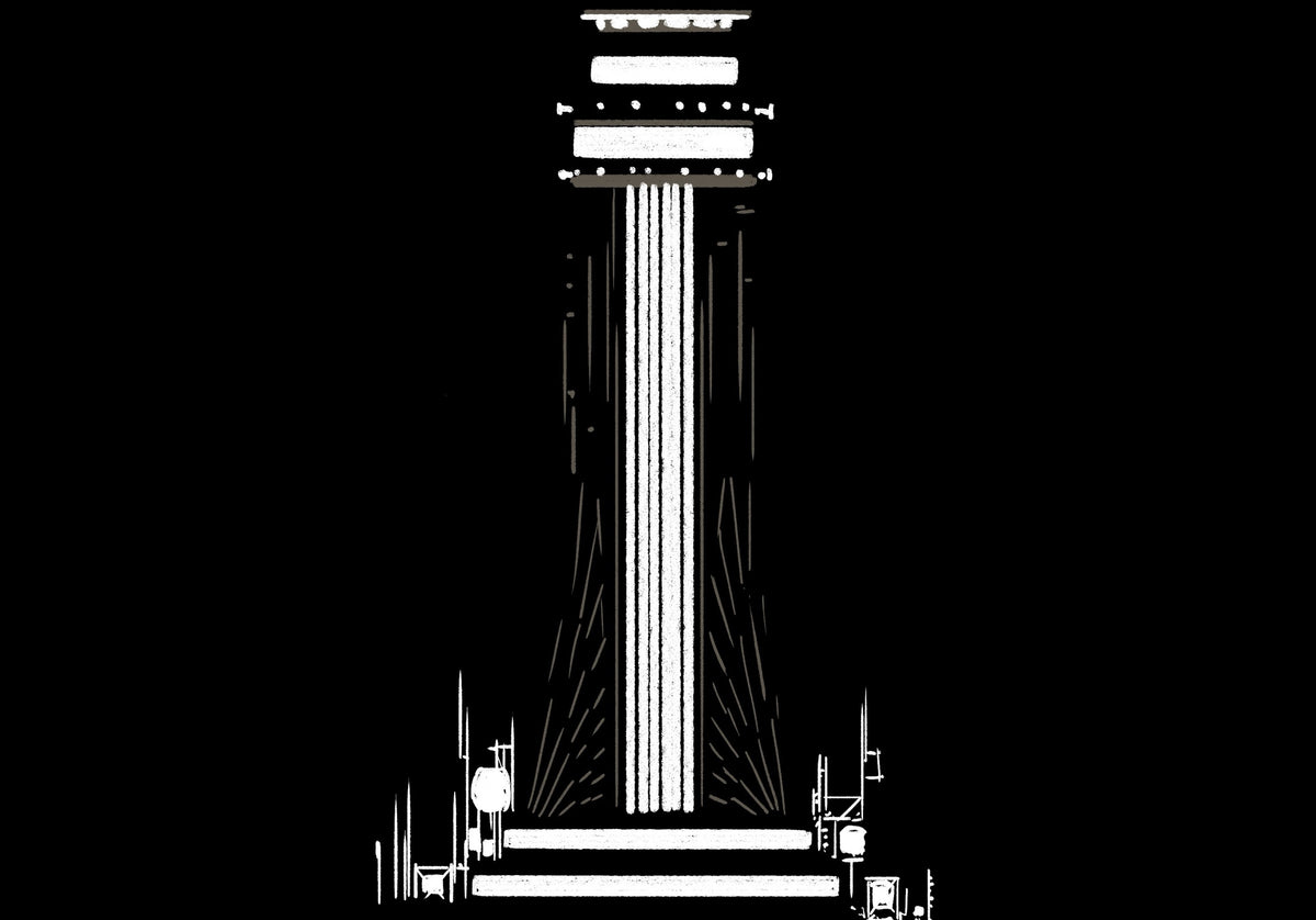 Detail van de handgetekende Empire State Building poster: de getrapte top en de voet van de spits