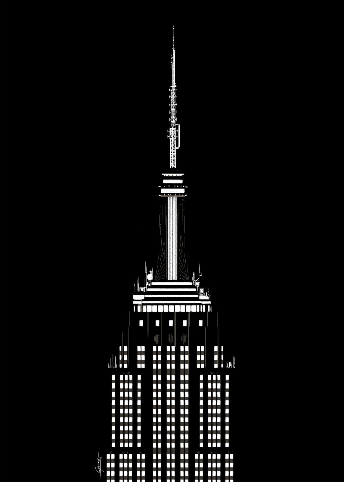Empire State Building New York poster nacht, handgetekende art deco tekening in witte lijnen op een zwarte achtergrond