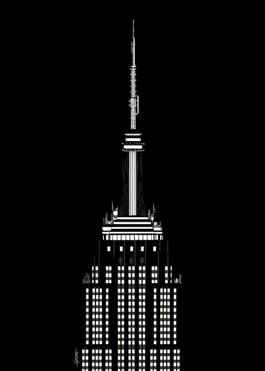 Empire State Building New York poster nacht, handgetekende art deco tekening in witte lijnen op een zwarte achtergrond