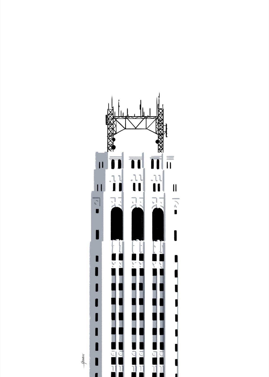 Twenty Exchange Place New York poster dag, handgetekende art deco tekening in zwarte lijnen op een witte achtergrond