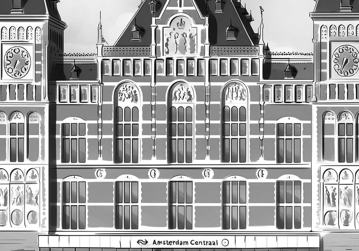 Detail van de Amsterdam Centraal poster: de klokkentorens en de middenpartij van het station