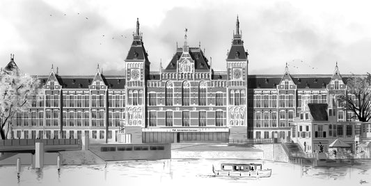 Amsterdam Centraal poster, panorama tekening van de stationsgevel met klokkentorens