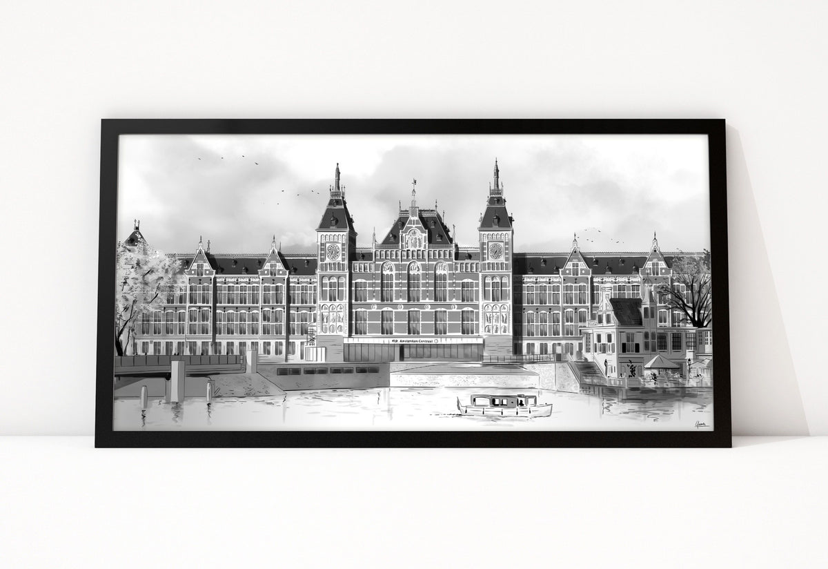 Poster Amsterdam Centraal ingelijst, lijntekening van het station aan het water