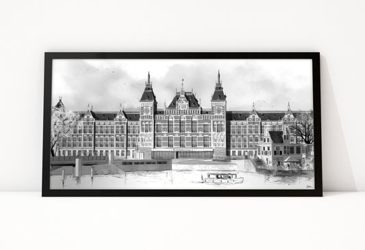 Poster Amsterdam Centraal ingelijst, lijntekening van het station aan het water