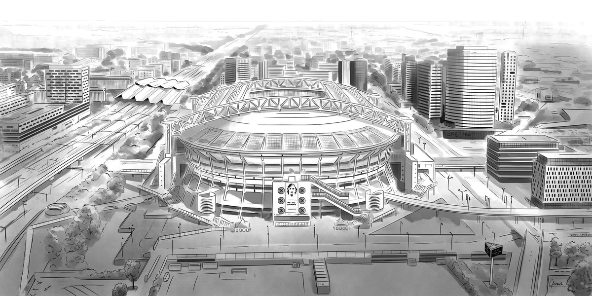 Johan Cruijff ArenA poster, panorama tekening van het stadion met omliggende hoogbouw