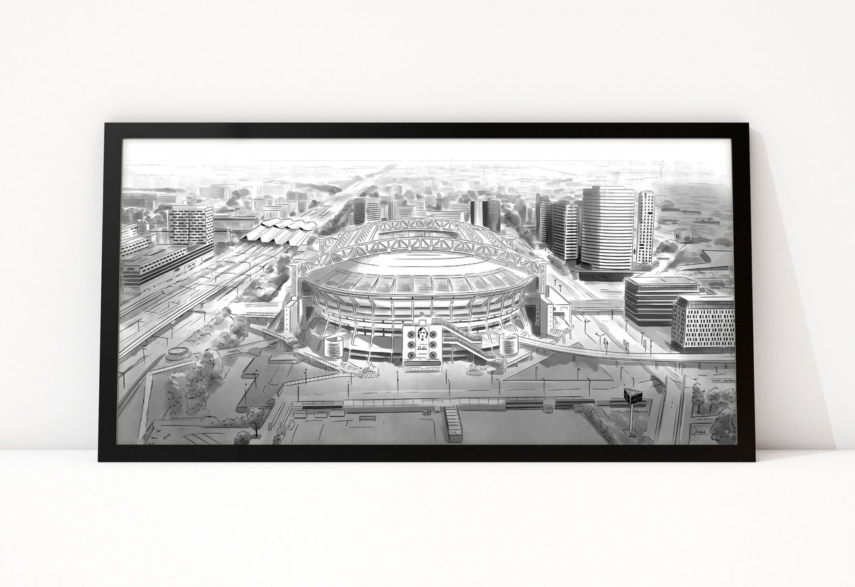 Poster Johan Cruijff ArenA ingelijst, stadion in Amsterdam van bovenaf als lijntekening