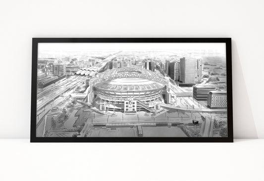 Poster Johan Cruijff ArenA ingelijst, stadion in Amsterdam van bovenaf als lijntekening