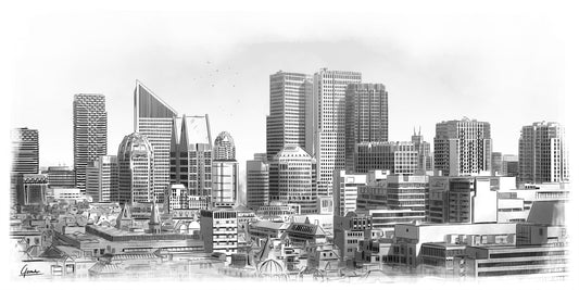 Skyline Den Haag poster, panorama tekening van de torens in het centrum