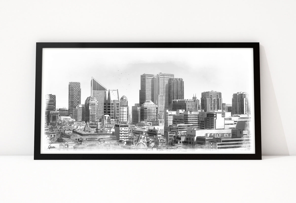 Poster Skyline Den Haag ingelijst, skyline met hoogbouw en oude binnenstad als lijntekening