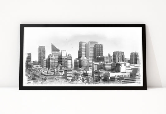 Poster Skyline Den Haag ingelijst, skyline met hoogbouw en oude binnenstad als lijntekening
