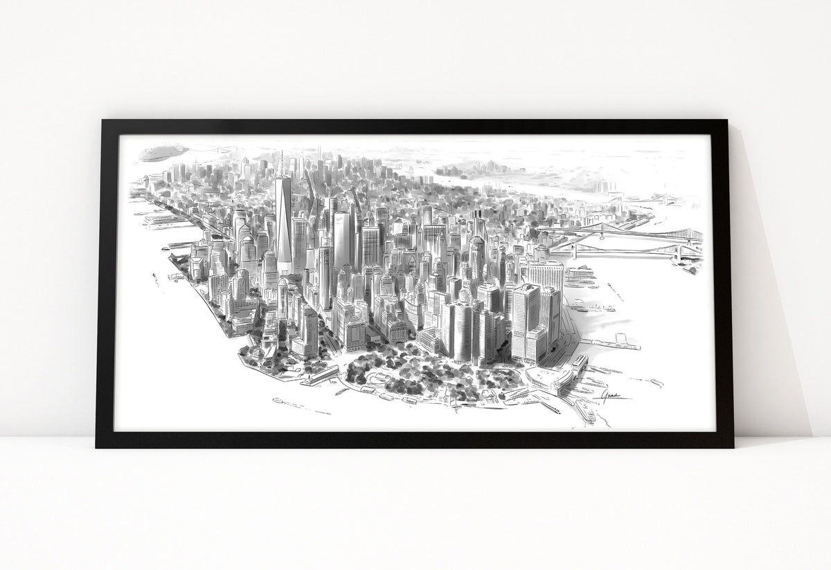 Poster Lower Manhattan New York ingelijst, stad in vogelvlucht als lijntekening