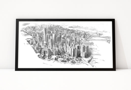 Poster Lower Manhattan New York ingelijst, stad in vogelvlucht als lijntekening